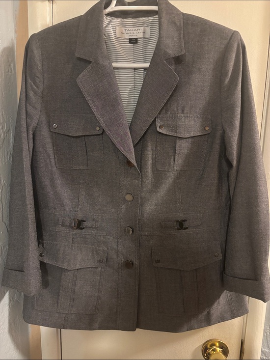 Tahari Jackets & Blazers - Tahari Petite Charcoal Gray Utility Blazer with Flap Pockets